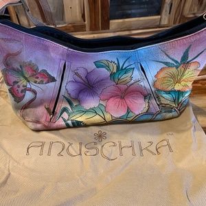 Anuschka hand painted Hobo Leather Shoulder Purse Hibiscus Flowers